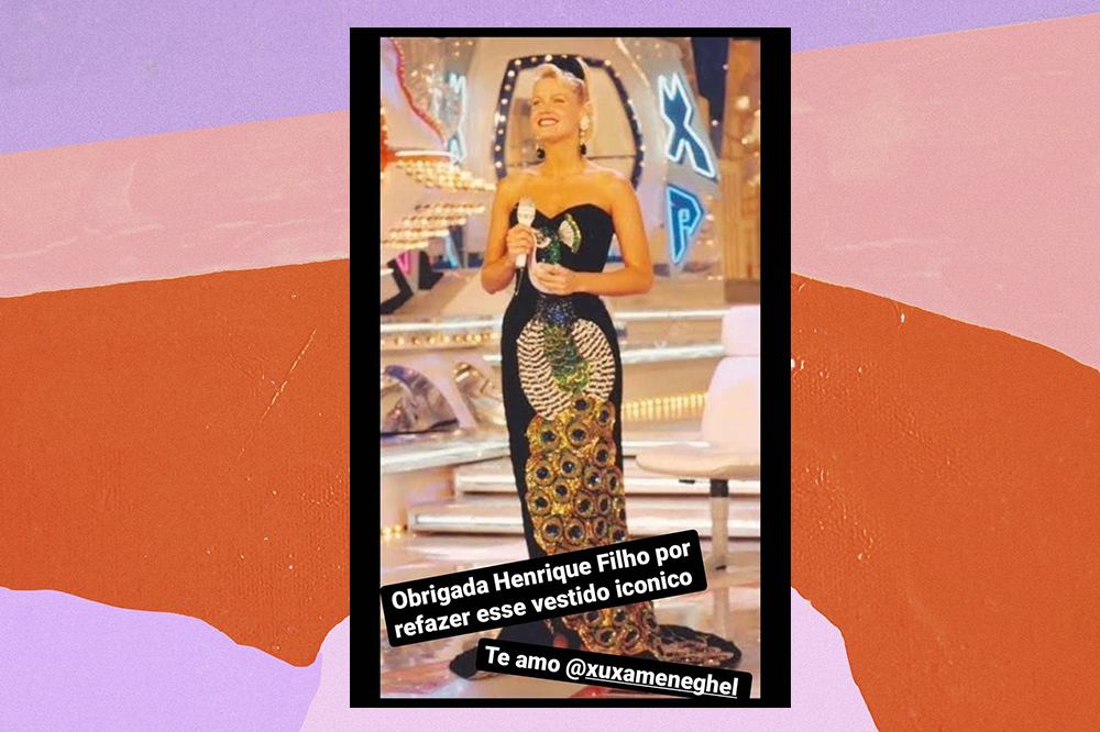 vestido-anitta-xuxa-grammy-latino-2022 Vestido da Xuxa Meneghel que serviu de inspiração para Anitta em montagem com fundo lilás, rosa e laranja