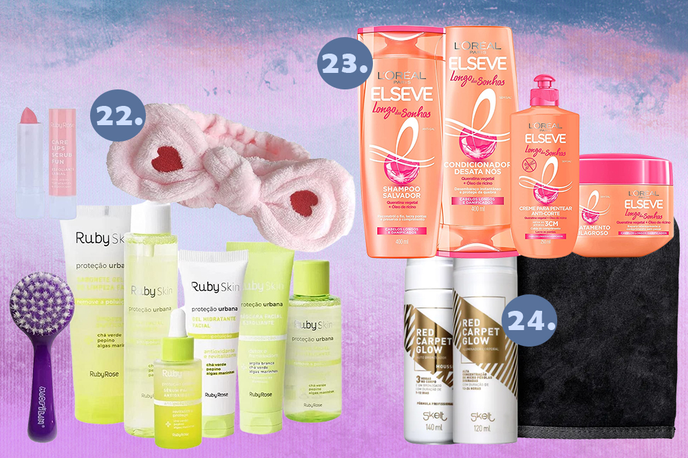 kits-de-beleza-natal-08 Montagem em fundo degradê azul e lilás com três sugestões de kits com produtos de beleza para dar de presente no Natal