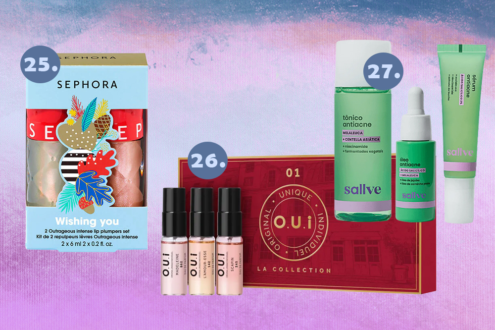 kits-de-beleza-natal-09 Montagem em fundo degradê azul e lilás com três sugestões de kits com produtos de beleza para dar de presente no Natal