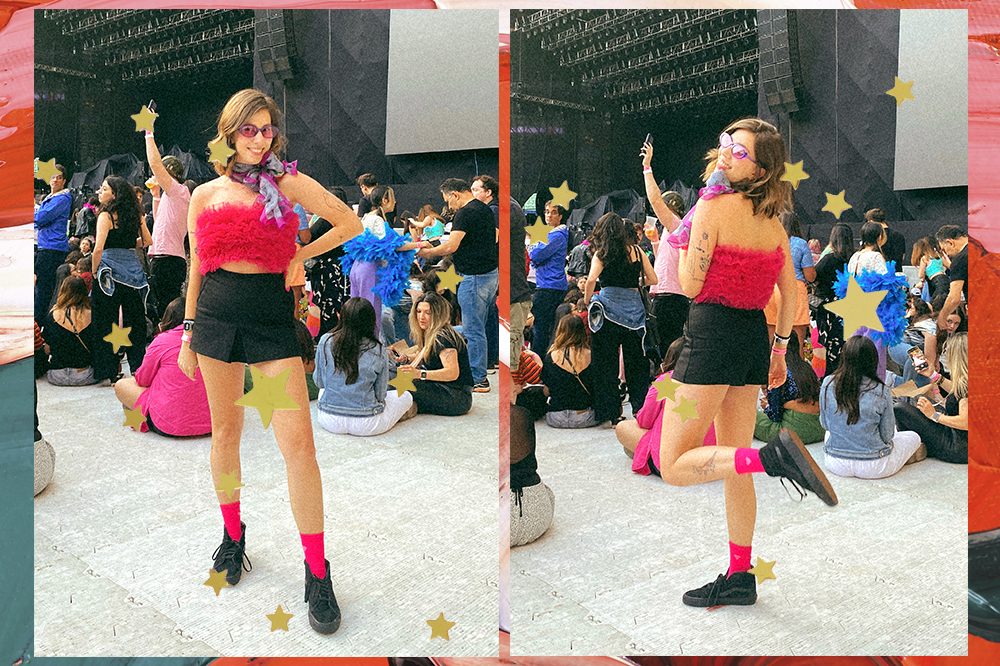 look-show-harry-styles-05 Look da repórter Sofia Duarte para show do Harry Styles; montagem em fundo de tintas em vermelho e verde