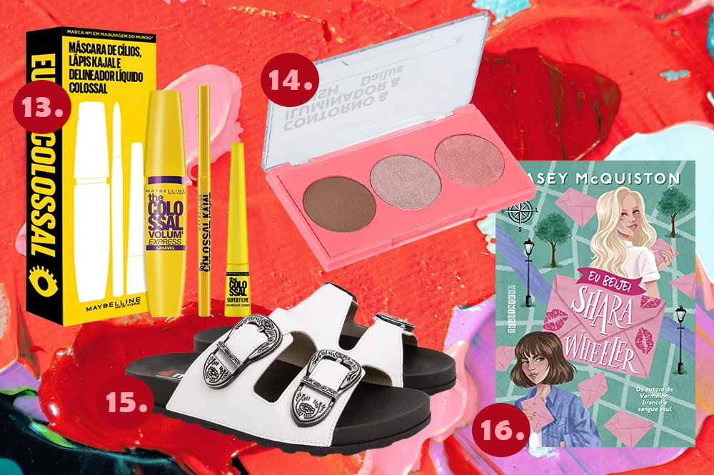 Montagem em fundo vermelho, rosa e lilás com quatro sugestões de presentes para dar no amigo secreto de Natal: kit da Maybelline, paleta de contorno e iluminador, papete branca e preta e livro