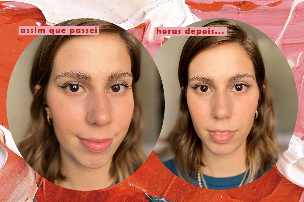 gel-sobrancelhas-anastasia-02 Montagem em fundo rosa e vermelho com duas fotos da repórter Sofia Duarte testando o produto de sobrancelhas da Anastasia Beverly Hills