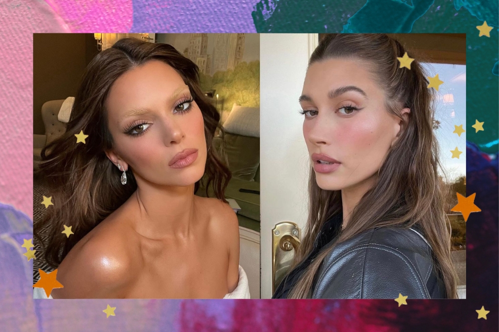 Montagem em fundo rosa, lilás e verde com foto de Kendall Jenner à esquerda e Hailey Bieber à direita