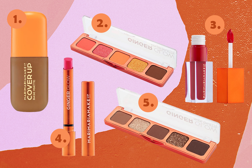 mari-maria-ginger-glow-produtos-maquiagem Produtos da coleção Ginger Glow, da Mari Maria Makeup em montagem com fundo laranja e rosa
