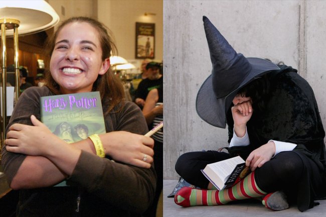 Não participar do boicote a Hogwarts Legacy te faz uma pessoa transfóbica? Duas jovens interagem com seus livros de Harry Potter. Uma abraça ele e outra o lê sentada, vestida de bruxa