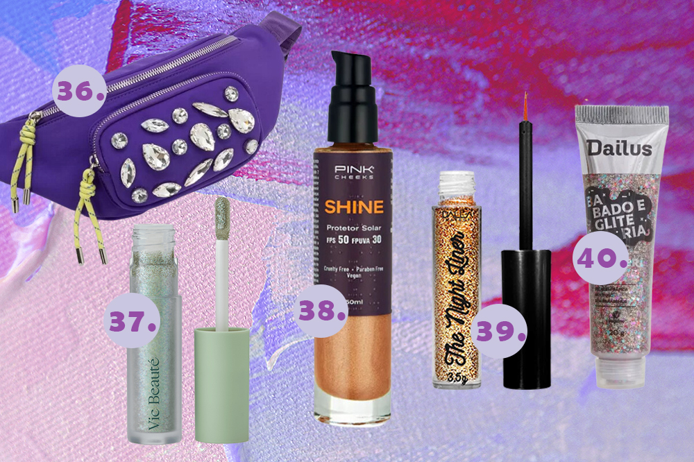 Montagem em fundo lilás e roxo com itens de Carnaval: pochete roxa com pedras, sombra líquida, iluminador corporal, delineador de glitter e glitter para corpo