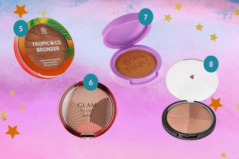 opcoes-de-bronzer-para-sua-maquiagem Montagem com o fundo colorido e detalhe de estrelas douradas nas bordas com a imagem de quatro bronzers para maquiagem.