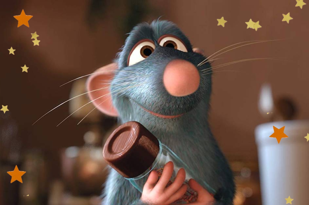 Montagem com uma foto da animação Ratatouille com detalhe de estrelas nas bordas.