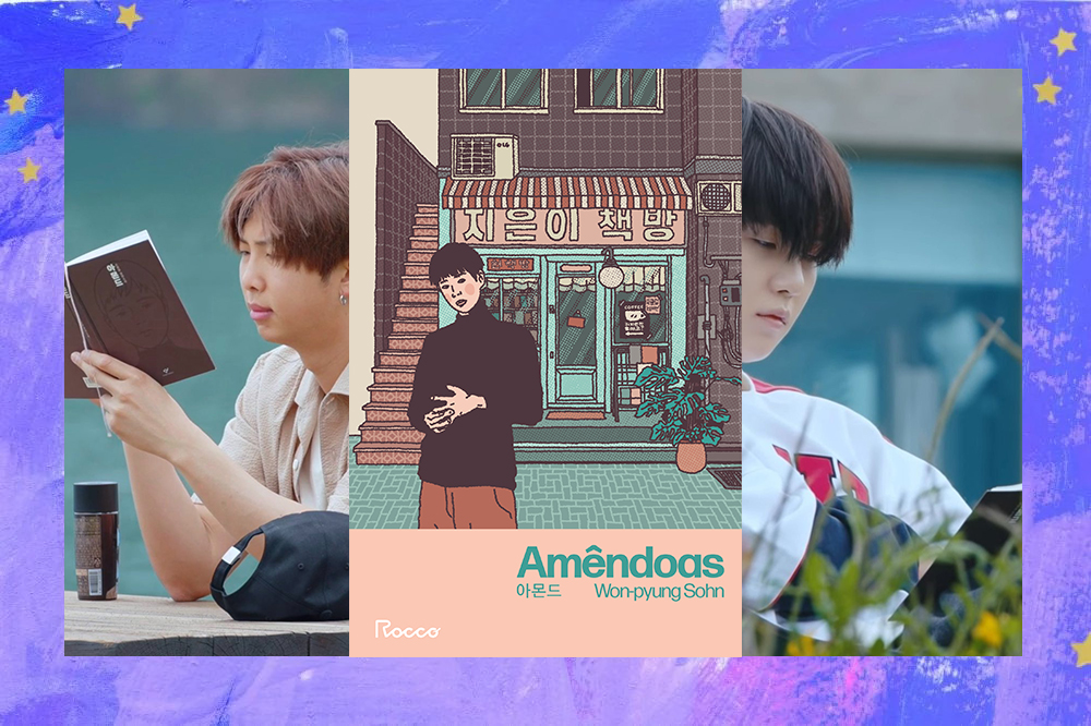 Três imagens; no centro a capa do livro Amêndoas e nas laterais integrantes do BTS lendo; a margem é uma textura nas cores lilás, azul, roxo e branco com estrelas amarelas como decoração