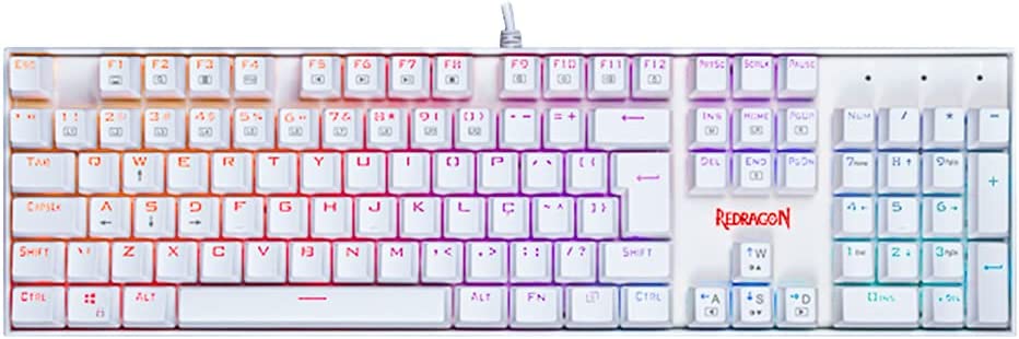 Teclado branco com teclas luminosas coloridas