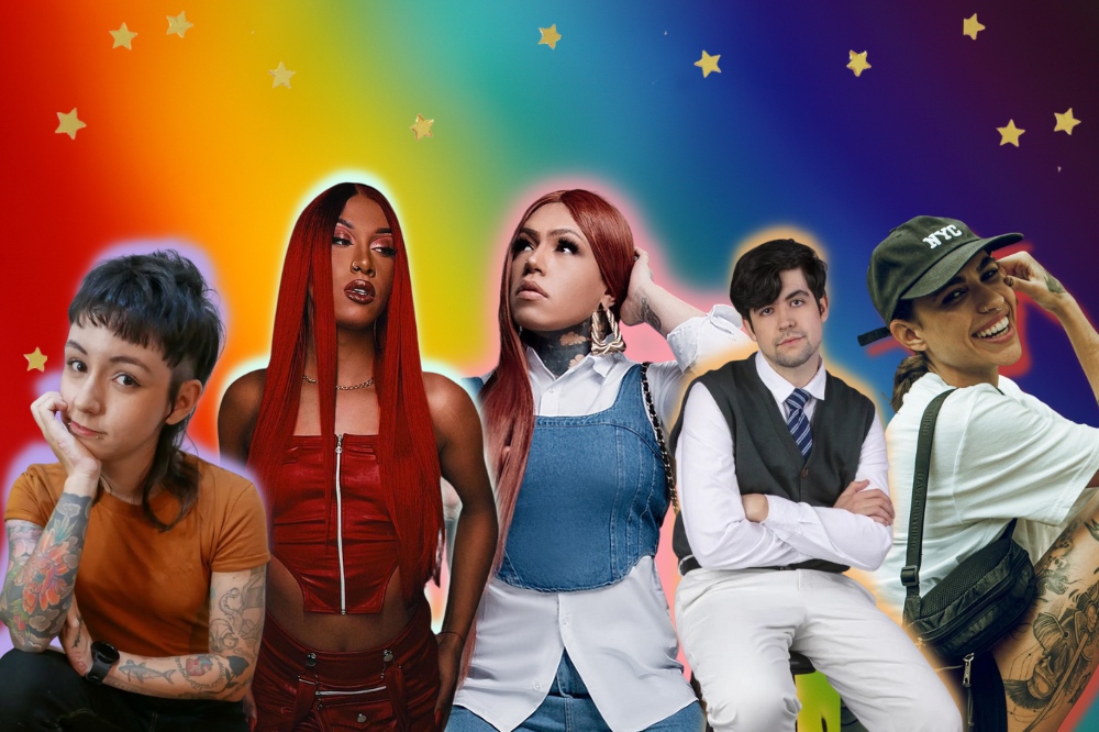 fundo bandeira lgbt com colagem de fotos de criadores de conteúdo odara, ryzo, imbizita, rafa freitas e doug oliveira