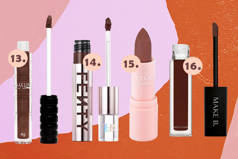 batom-gloss-marrom-04 Batons, glosses e lápis de boca em tons de marrom em montagem com fundo rosa e laranja
