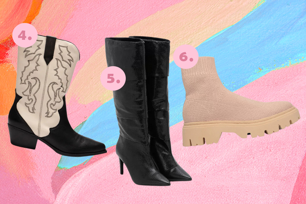 Botas para montar looks no outono-inverno 2023. Montagem em fundo rosa, laranja e azul