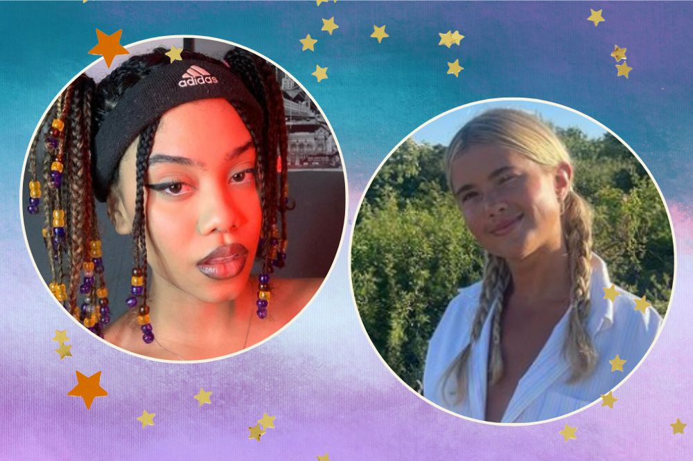 Montagem com duas imagens circulares e um fundo azul e roxo. A primeira imagem é uma mulher negra com tranças e aplicações e segunda é uma mulher branca com tranças baixas e maria chiquinha.