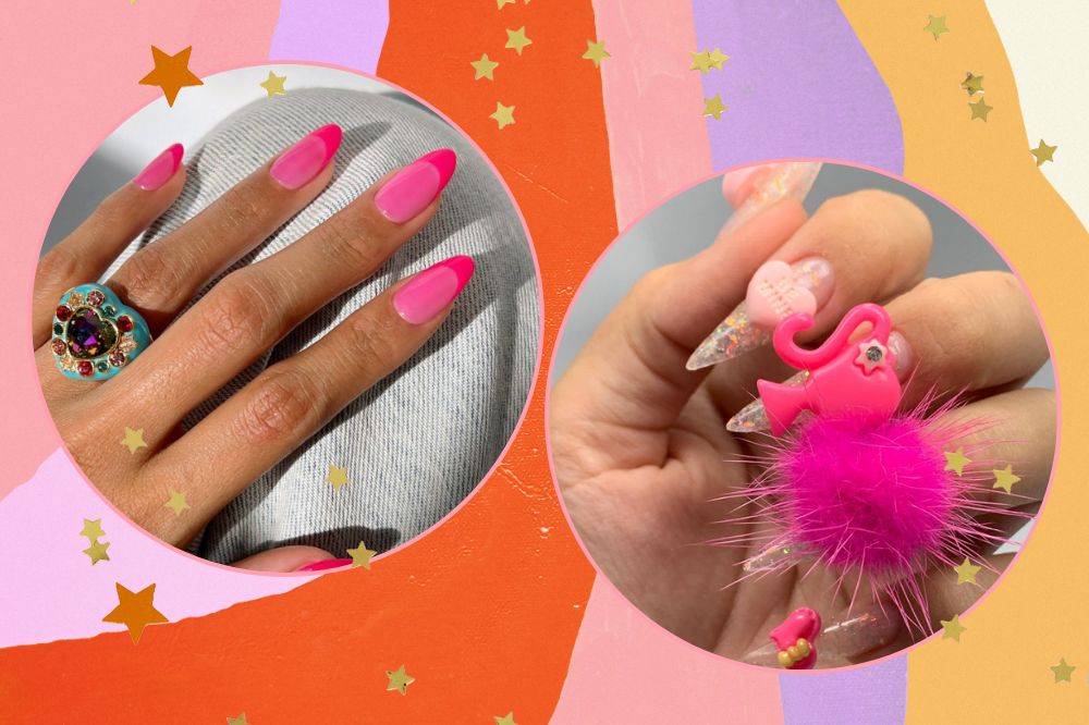 Monatgem com fundo nas cores rosa, lilás, laranja e amarelo. Na frente há dois círculos com imagens de unhas rosas inpiradas na barbie.