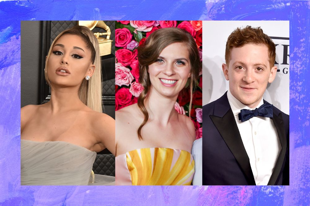 3 imagens; na primeira Ariana Grande posando para foto em tapete vermelho do Grammy; na segunda Lilly Jay sorrindo em um backdrop florido; na terceira Ethan Slater sorrindo levemente em tapete vermelho de evento; a margem é uma textura em tons de lilás, azul, roxo, rosa e branco