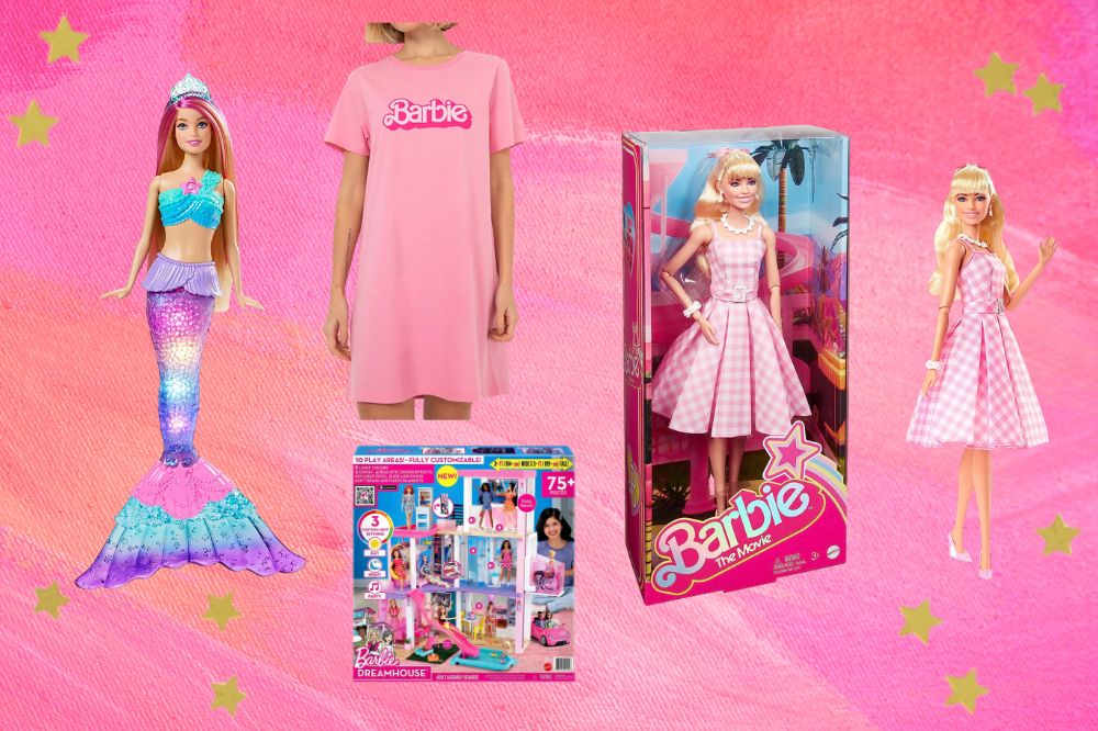 barbie2 Bonecas; caixa de casa dos sonhos e modelo com roupa de Barbie; o fundo é uma textura em tons de rosa e branco com estrelas amarelas como decoração