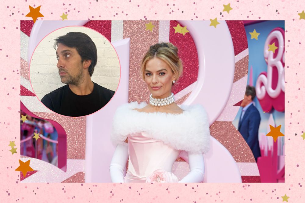 Montagem com fundo rosa. Margot Robbie na premiere de Barbie em Londres. Imagem de Andrew Mukamal ao lado em círculo.