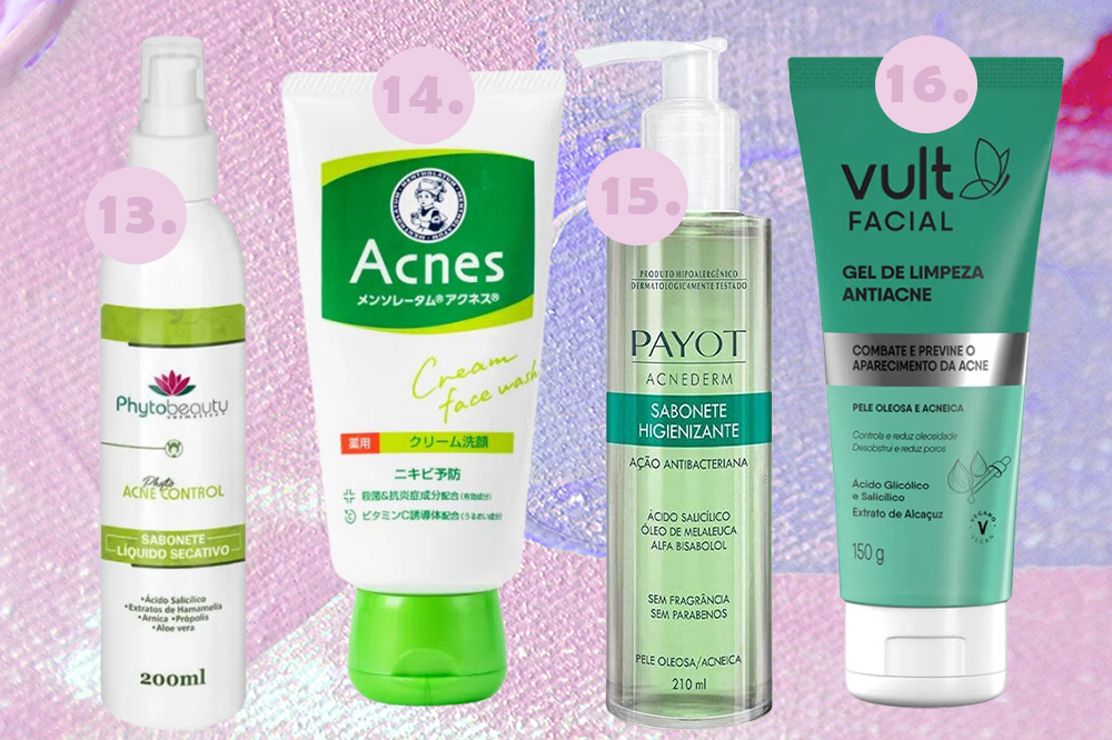sabonete-liquido-facial-antiacne-04 Sabonetes faciais para pele oleosa e acneica. Montagem em fundo rosa e lilás