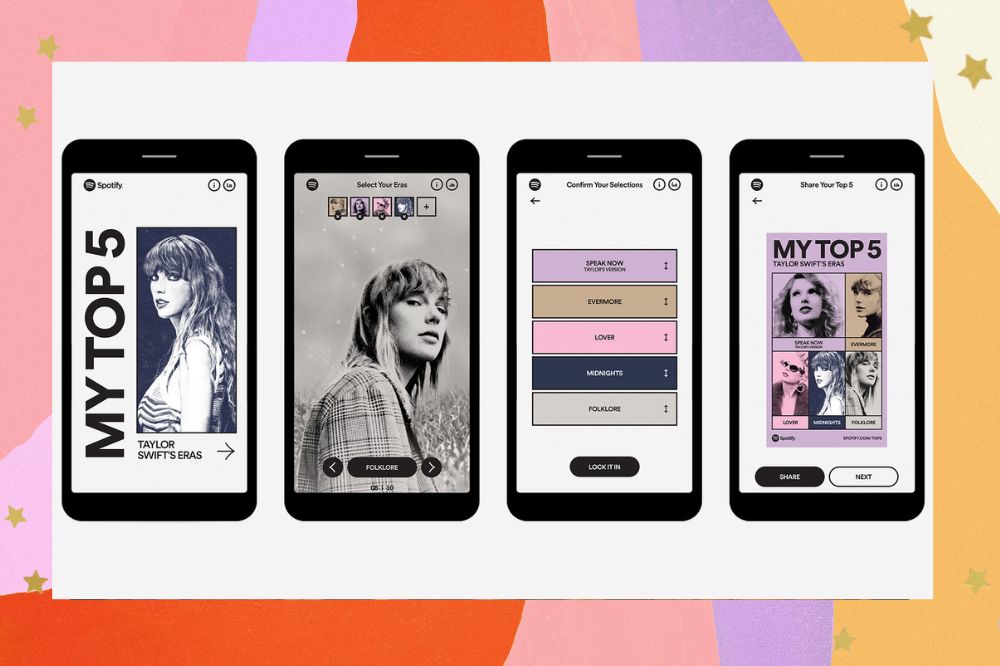 Quatro telas de celulares em um fundo branco com imagens da experiência interativa com eras de Taylor Swift no Spotify; diferentes álbuns da cantora aparecem em fotos coloridas; a margem é uma textura nas cores rosa, lilás, laranja, roxo, amarelo e branco; estrelas amarelas decoram a imagem