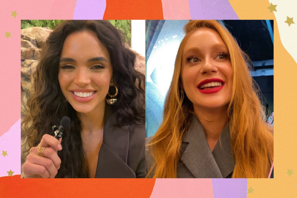 Imagens de Giovana Cordeiro e Marina Ruy Barbosa sorrindo enquanto dão entrevistas em coletiva de imprensa da novela Fuzuê; a margem é uma textura nas cores rosa, lilás, laranja, roxo, amarelo e branco; estrelas amarelas decoram a imagem