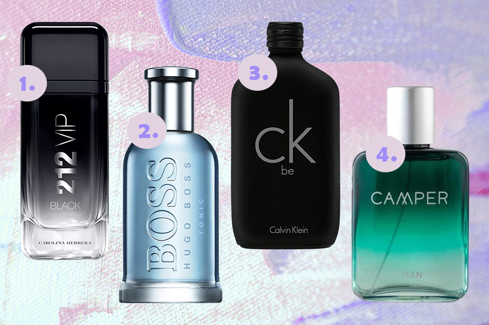 perfumes-dia-dos-pais-01 Perfumes para dar de presente no Dia dos Pais. Montagem em fundo lilás e azul claro