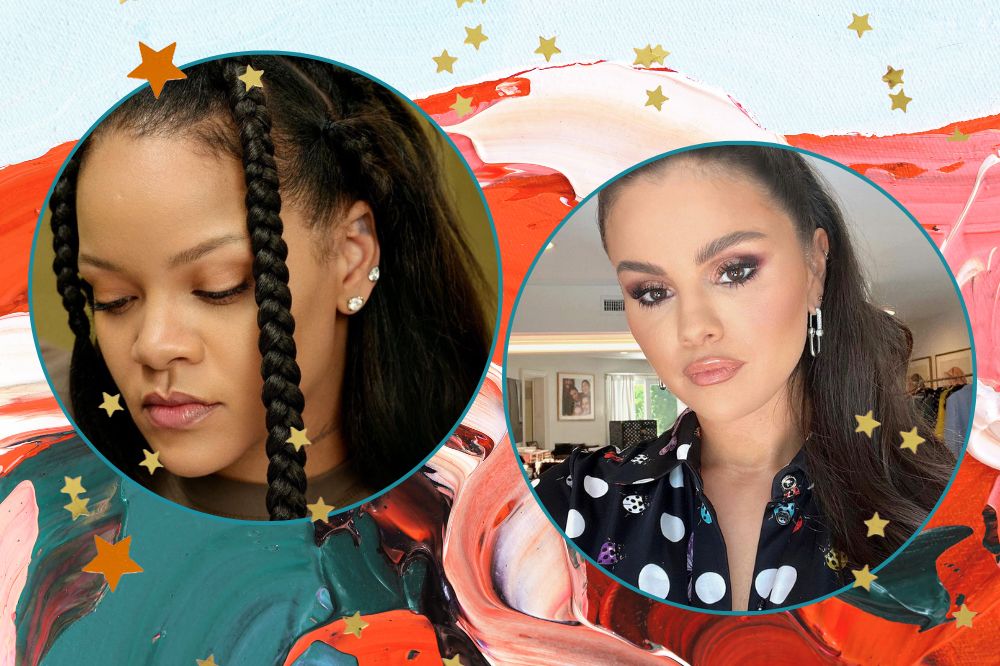 Montagem com fundo nas cores verde, laranje, rosa e azul. Dois círculos com imagens na frente. A primeira é a Rihanna e a segunda a Selena Gomez.