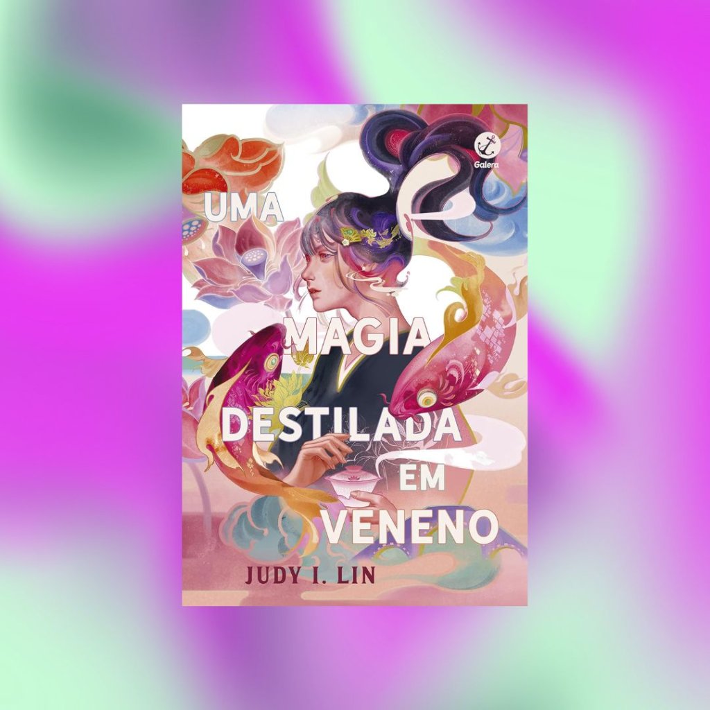 Capa do livro Uma magia destilada em vento; o fundo é uma textura das cores lilás, roxo e verde misturadas em um degradê