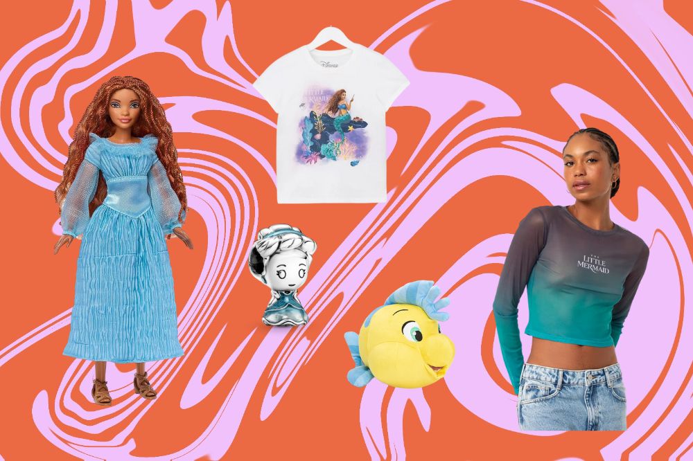 thumbdisney2 Boneca, charm de pulseira, pelúcia e duas camisetas temáticas de live-actions da Disney; o fundo é uma textura das cores rosa e laranja misturas em diferentes formatos