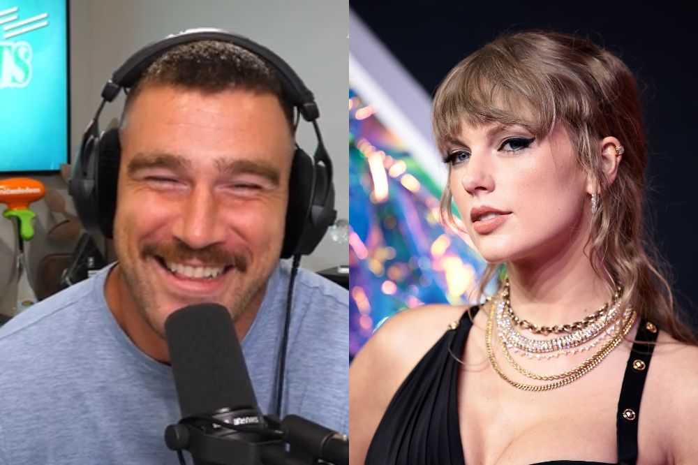 Duas imagens; na primeira Travis Kelce está sorrindo com fones de ouvido e um microfone em conversa durante podcast; na segunda Taylor Swift posa para foto no VMAs com expressão neutra