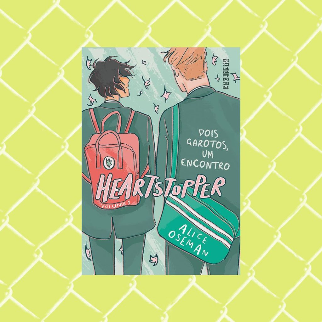 Capa do livro Hearstopper. Fundo verde.