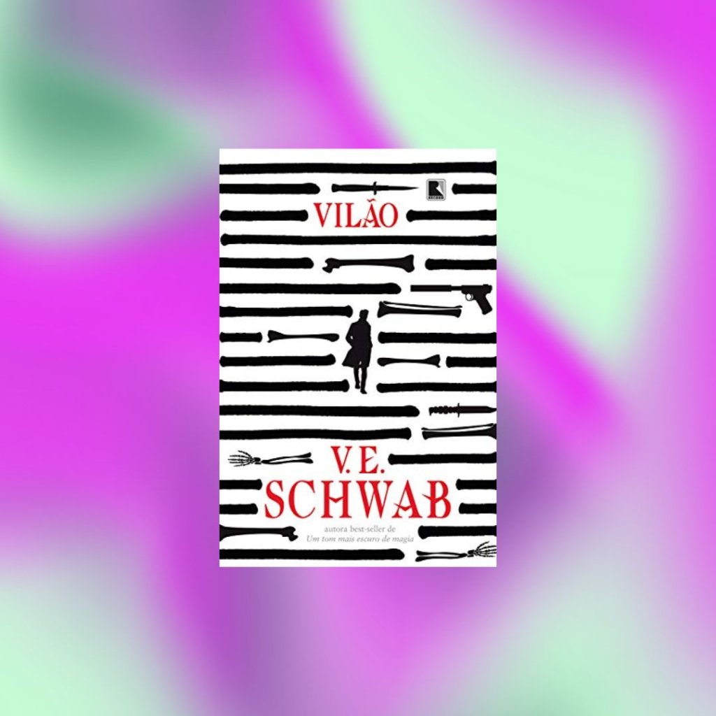 livro (5) Capa do livro Vilão com silhueta de personagem e elementos na horizontal em preto com fundo branco; o fundo é uma textura de formas abstratas nas cores verde e lilás