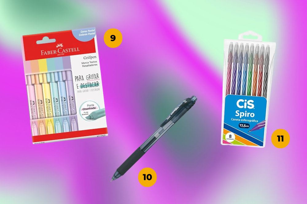 15 itens de papelaria que vão te ajudar a se organizar melhor em 2024 Imagem de um pacote com 6 marca-páginas, uma caneta preta e 6 canetas coloridas em um fundo roxo e verde