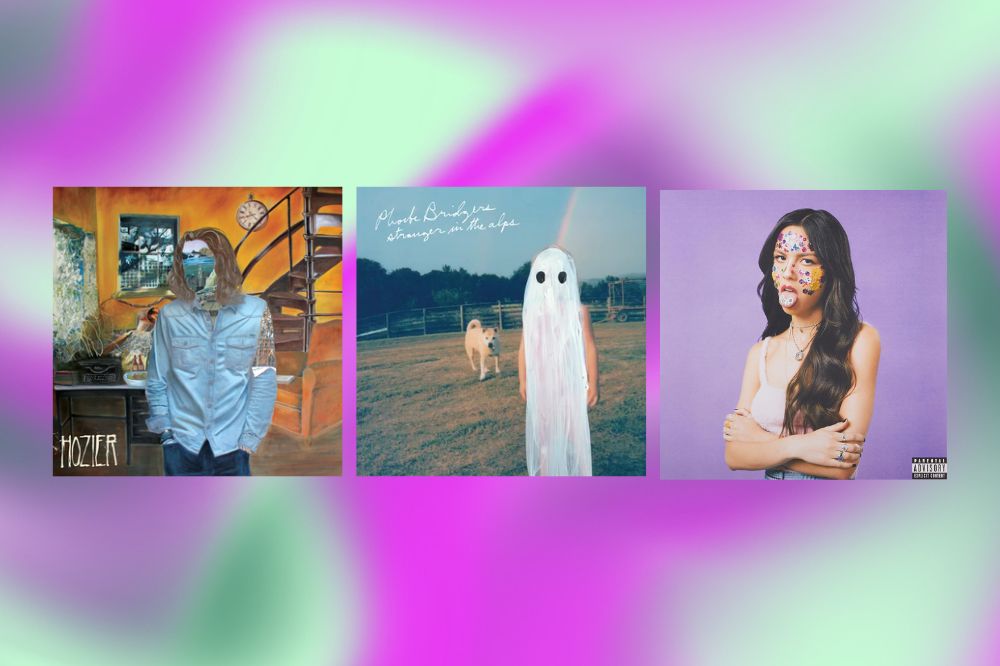 Imagens de capas de CDs e vinis [Hozier, Phoebe Bridgers e Olivia Rodrigo] em um fundo com degradê das cores azul, lilás, verde e roxo