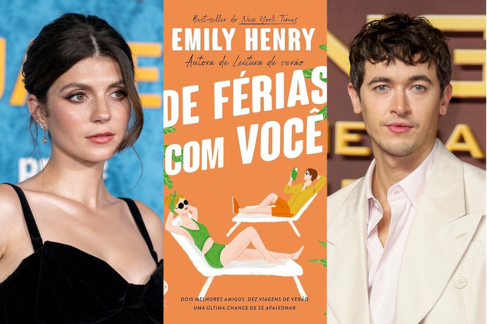 Imagem de Emily Bader com expressão neutra; da capa do livro De Férias Com Você com ilustrações de personagens tomando sol em um fundo laranja; imagem de Tom Blyth com expressão neutra