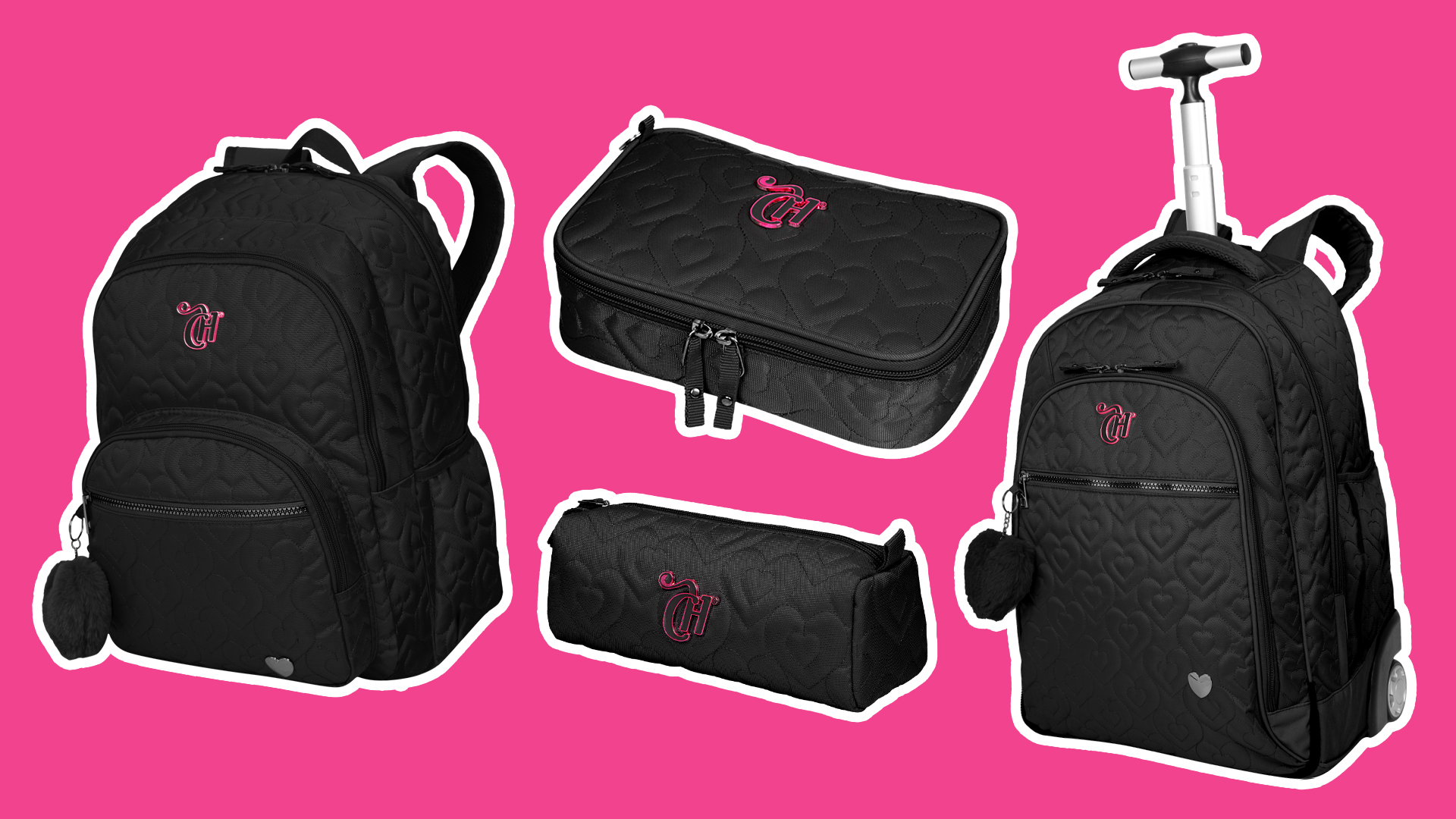 mochilas-sestini-capricho-VA-2024-1 Mochilas pretas com detalhes de coração em um fundo na cor rosa
