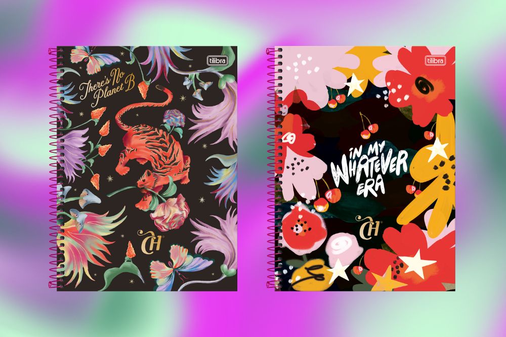 Duas capas de caderno CAPRICHO da Tilibra da coleção 2025; as estampas são florais com fundos pretos