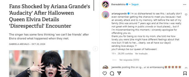 Print do post de Elvira com comentário de Ariana Grande