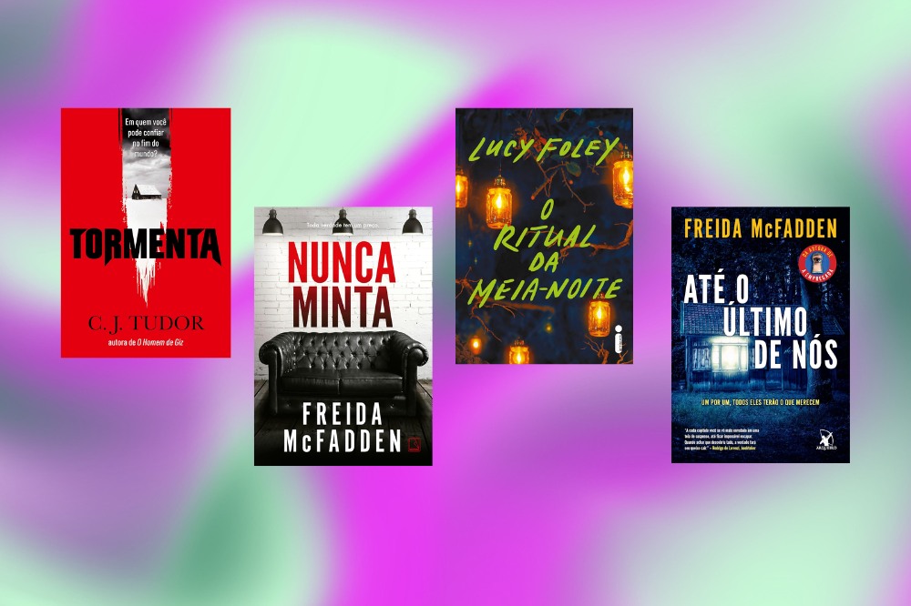 Capas de 4 livros de suspense que serão lançados no Brasil em 2025 em um fundo de textura degradê nas cores azul, violeta, verde e lilás