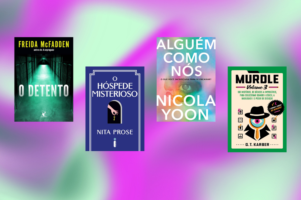 livros suspense 2 Capas de 4 livros de suspense que serão lançados no Brasil em 2025 em um fundo de textura degradê nas cores azul, violeta, verde e lilás