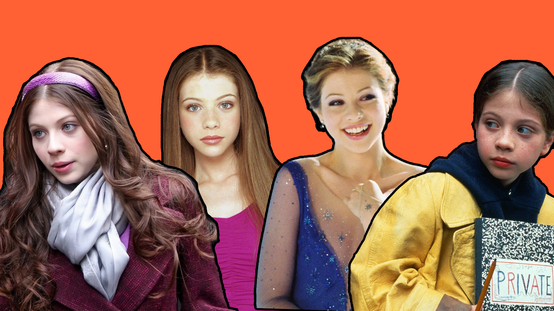 Montagem em fundo laranja com quatro diferentes personagens de Michelle Trachenberg caracterizadas em filmes e séries