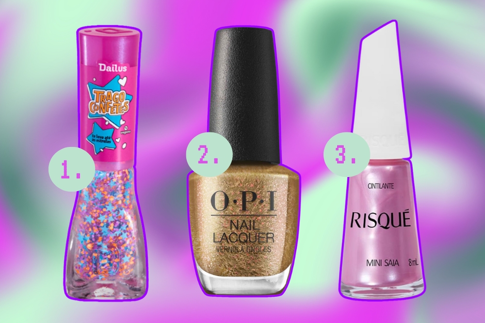 Opções de esmaltes metálicos e com glitter para usar no Carnaval