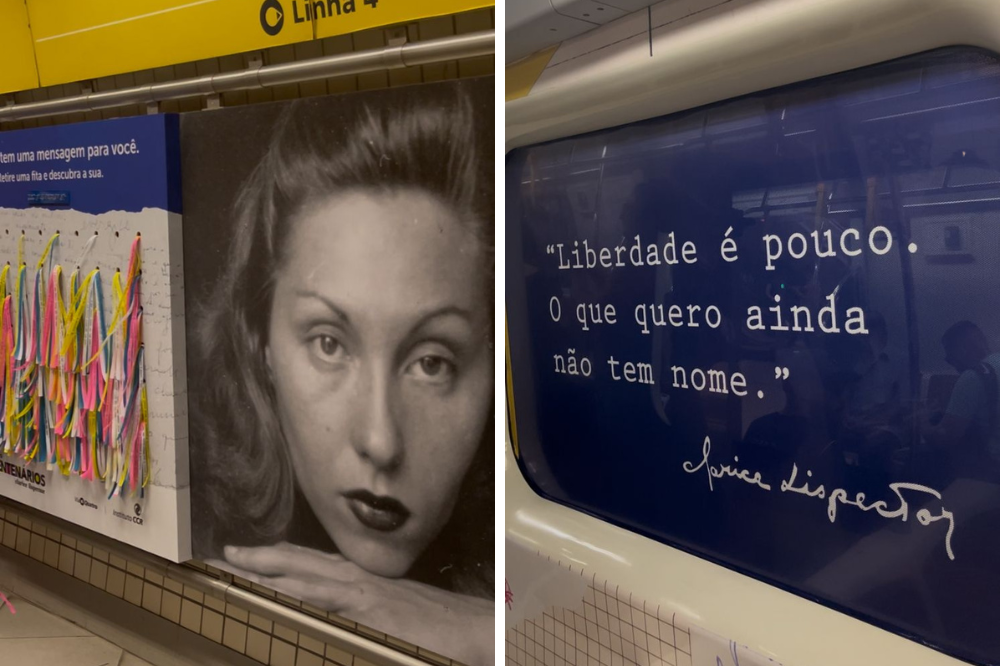 Exposição Projetos Centenários – Clarice Lispector Imagem das colagens exibidas na exposição Projetos Centenários - Clarice Lispector, com recortes da escritora misturados a desenhos coloridos.