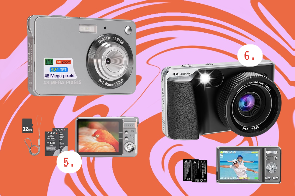 Câmeras digitais para levar para festival Imagem de duas câmeras digitais, uma cinza e outra preta, em um fundo rosa e laranja.