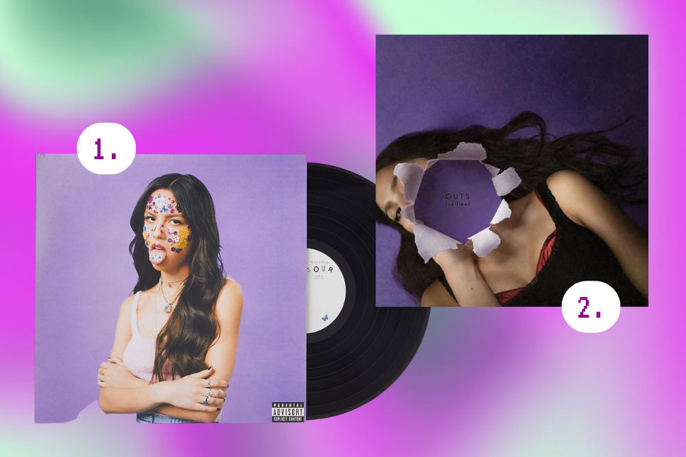 Imagem de dois discos de vinil de Olivia Rodrigo. O primeiro é de SOUR e o segundo de GUTS Spilled.