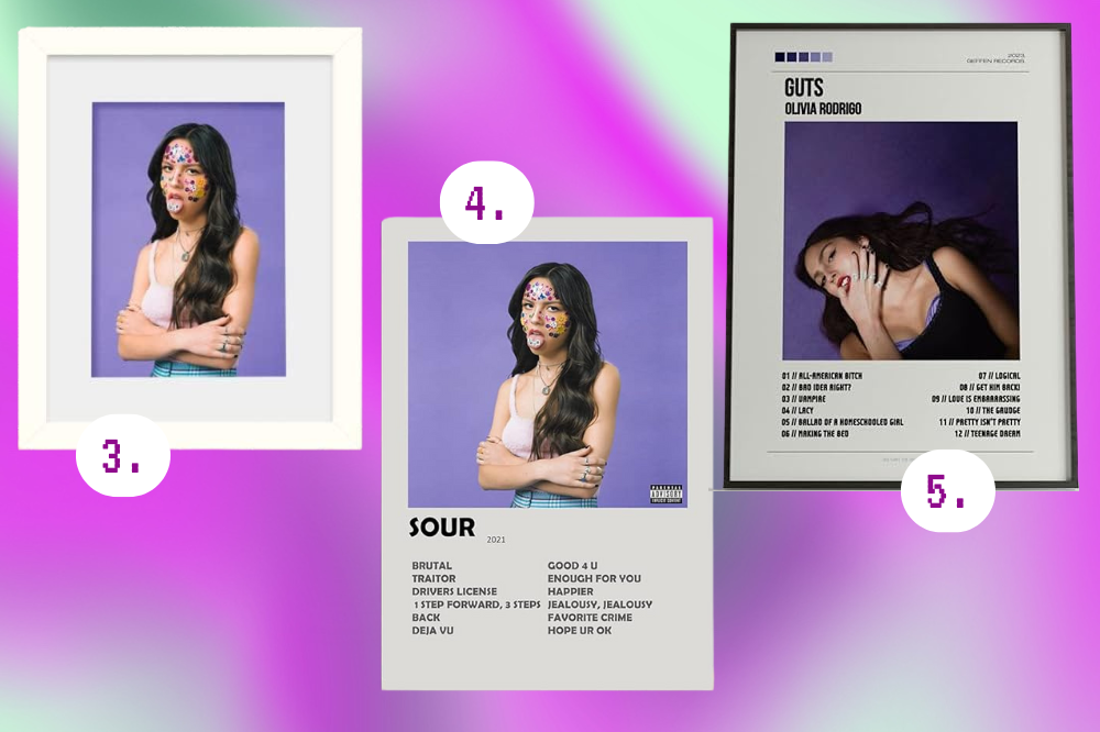 Imagem de três quadros com as capas dos álbuns GUTS e SOUR da Olivia Rodrigo.