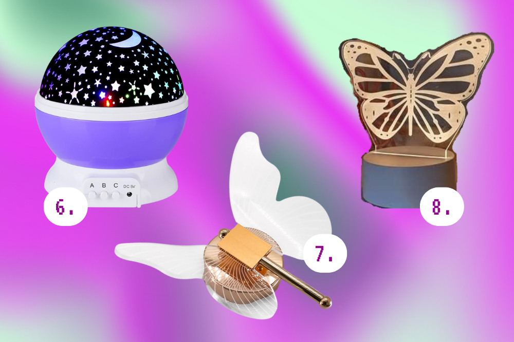 Imagem de uma luminária de estrelas roxa e duas de borboleta.