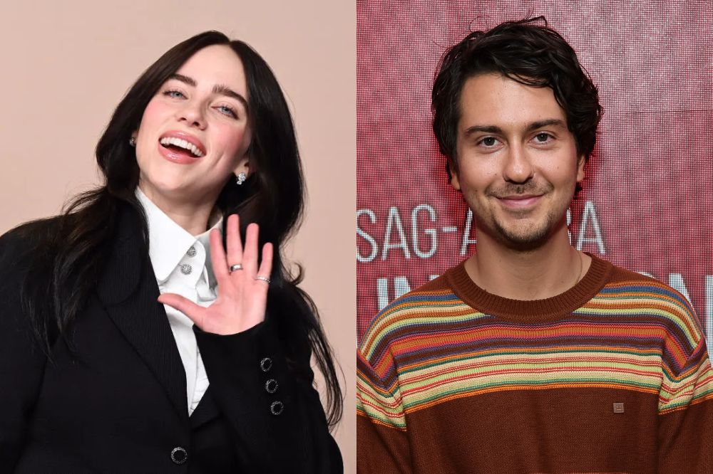 Duas imagens; na primeira Billie Eilish sorrindo e acenando para foto; na segunda Nat Wolff sorrindo levemente para foto
