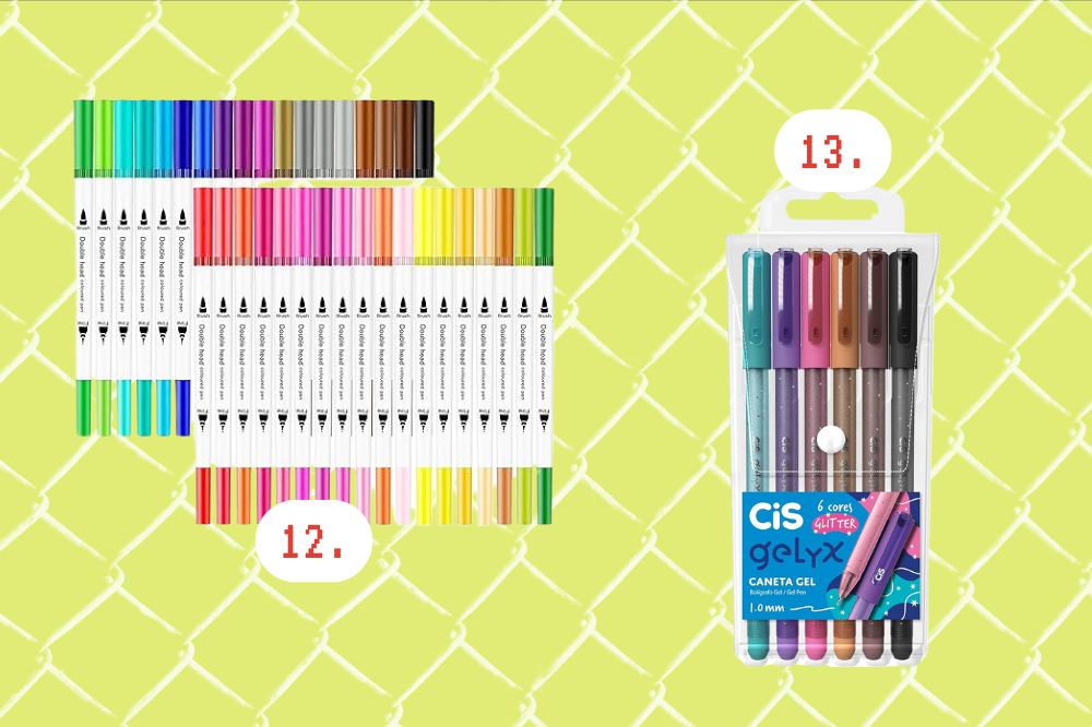 Imagem de dois pacotes de canetas coloridas, uma com 24 cores em formato brush pen, e o outro com 6 cores da Cis.