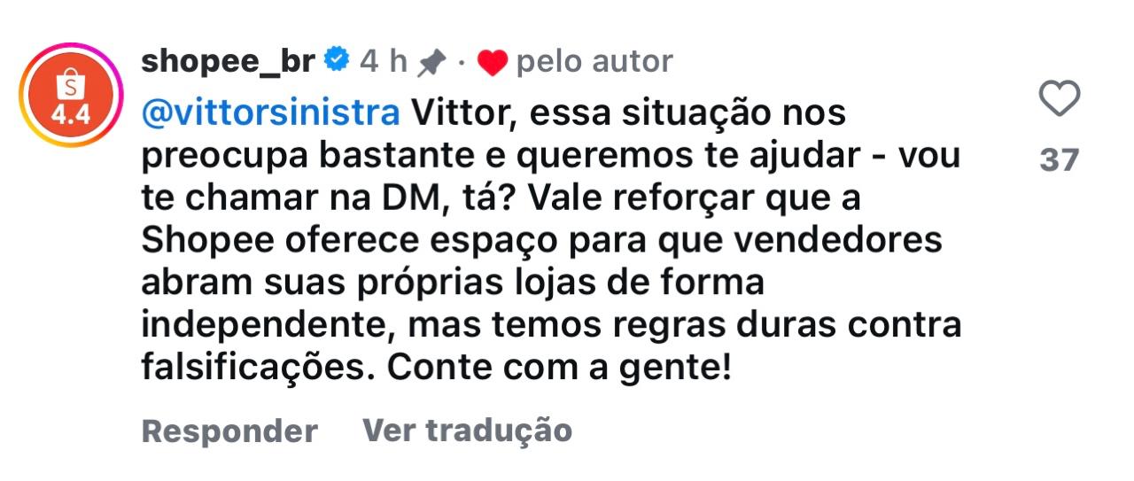 comentário-shopee Comentário da Shopee na publicação de Vittor Sinistra